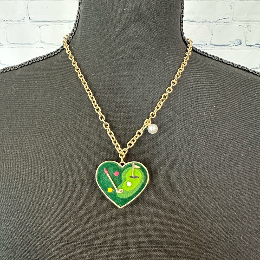 NWT Betsey Johnson Heart Golf Double Drop Necklace, Green, Rare